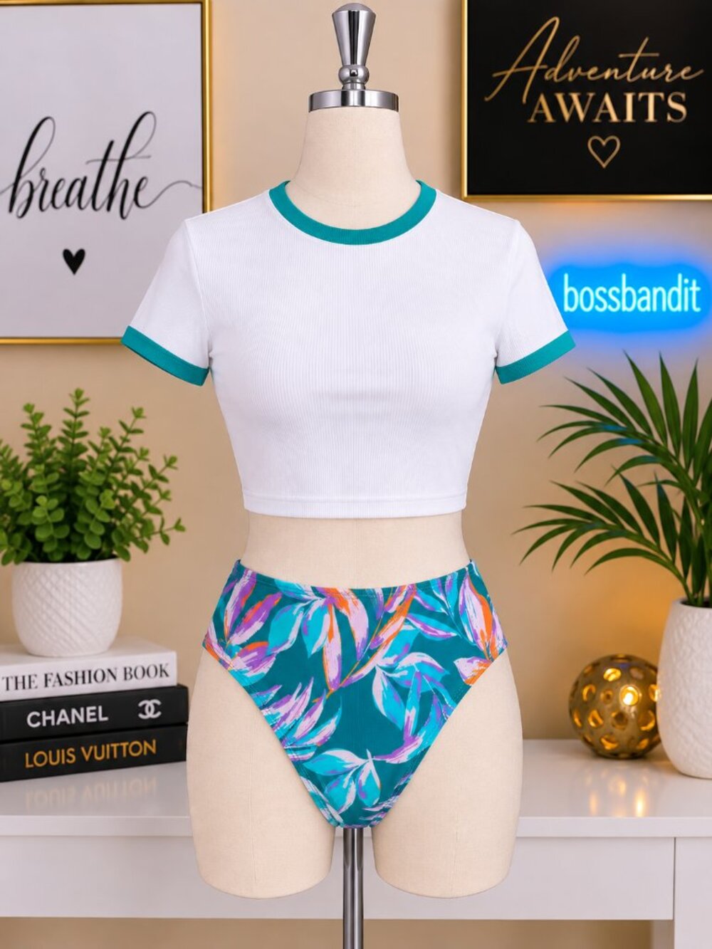 CUPSHE Teal Tropical Floral High Rise Bikini Bottom Full Coverage XL NWOT